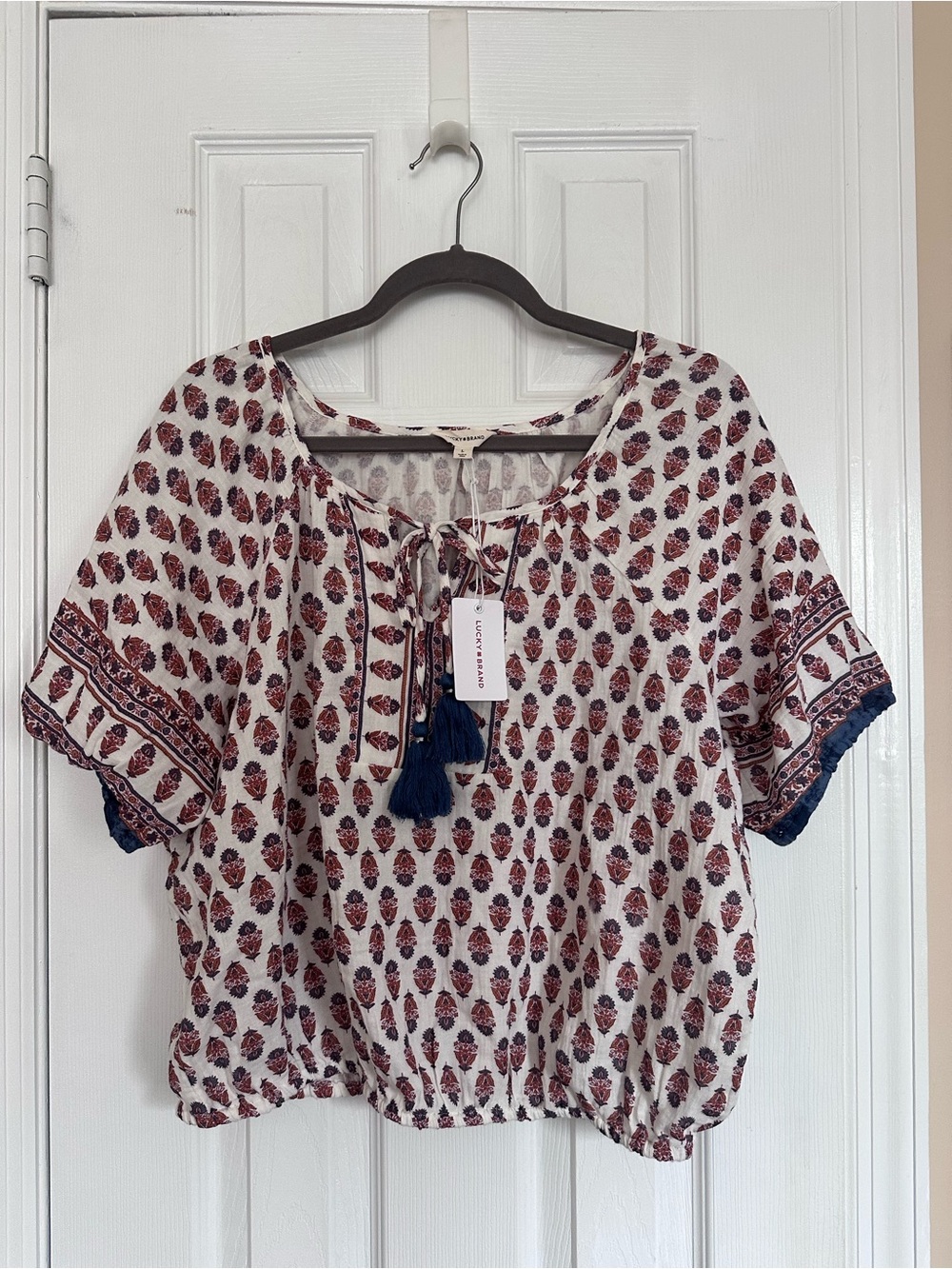Lucky Brand Cotton Bubble Top Boho Floral Tassel Blouse